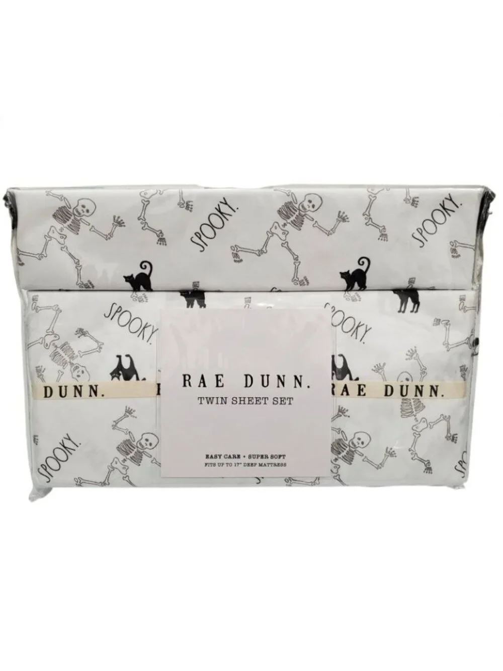 Rae Dunn Halloween White Skeleton Black Cat Printed Twin Sheet Set Bedding NEW